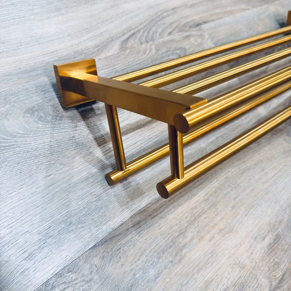 Vintage Brass Towel Rack Shelf Wall Mount Bathroom Hotel Style Organizer READ